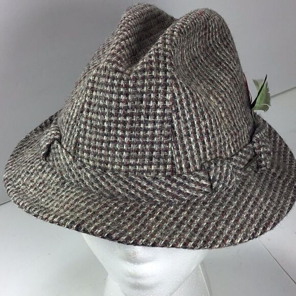 Stetson Hat Vintage Tweed Wool Feather Fedora Hat Brown Wool Plaid - Picture 4 of 10